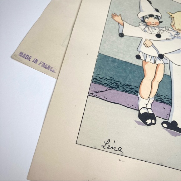 Vintage French Art Deco Pochoir original pen and ink baby Kewpie clown prints - Picture 12 of 15